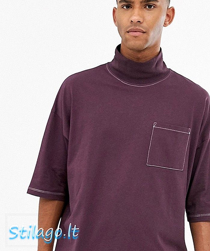 T-shirt ASOS DESIGN leher tinggi dengan poket dan jahitan kontras berwarna ungu-Merah gelap