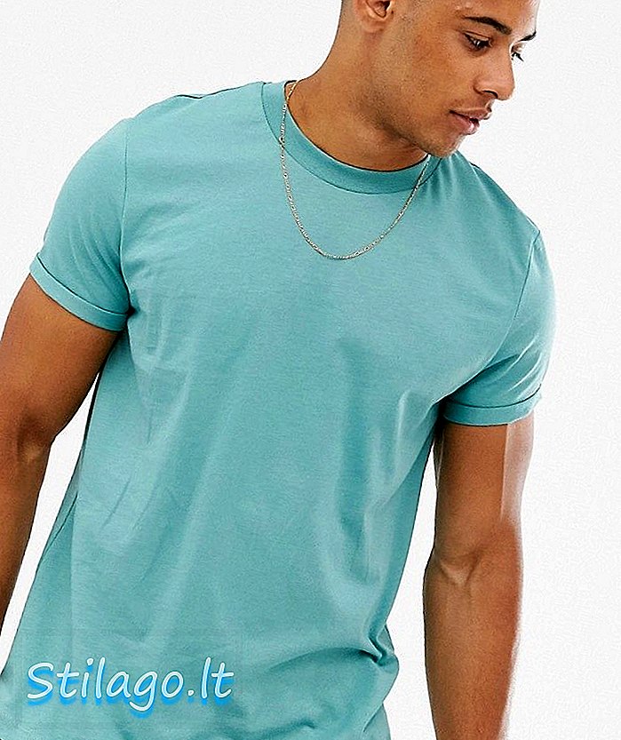 ASOS DESIGN μπλουζάκι με λαιμόκοψη και ρολό μανίκι σε μπλε χρώμα