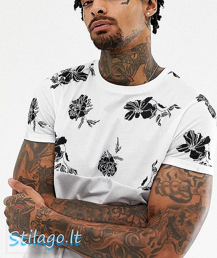 롤링 슬리브가있는 꽃 무늬 요크 프린트의 ASOS DESIGN 티셔츠-화이트