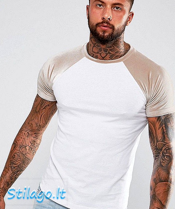 Kaos ASOS Dengan Hem Melengkung Mini Dan Lengan Raglan Kontras Velour In Taupe-White