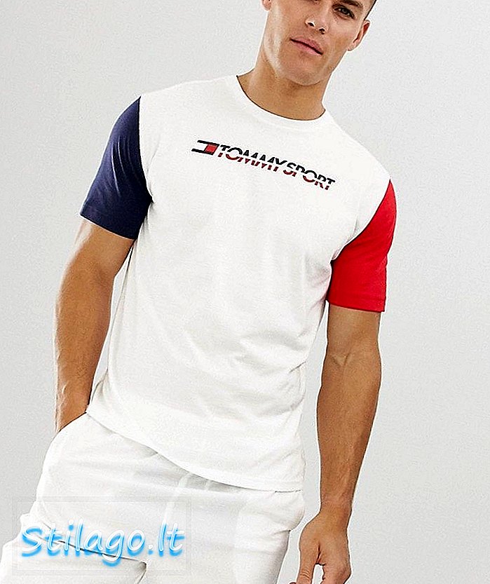 سفید میں ٹومی اسپورٹس سینے کا لوگو کالور بلاک ٹی شرٹ