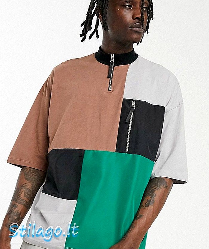 ASOS DESIGN übergroßes T-Shirt mit Rollkragen und Rolltasche in Patchwork-Farbblock-Multi