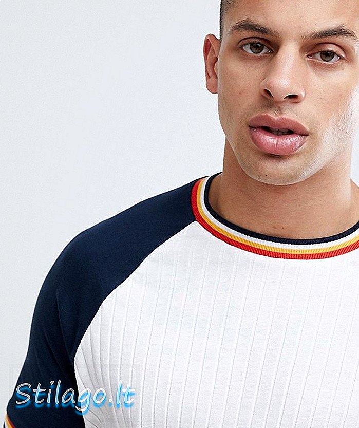 ASOS DESIGN - Raglan T-shirt van brede rib met contrasterende mouwen en regenboogkleurige rand - Wit
