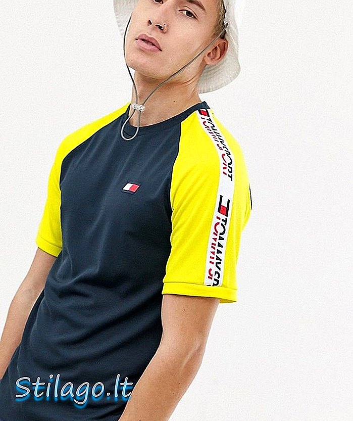 Tommy Sport T-shirt met kleurvlakken en mouwband in marineblauw / geel