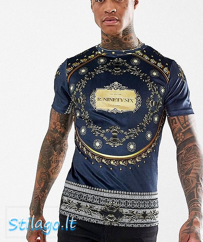 Camiseta de terciopelo River Island con estampado dorado de lujo en azul marino