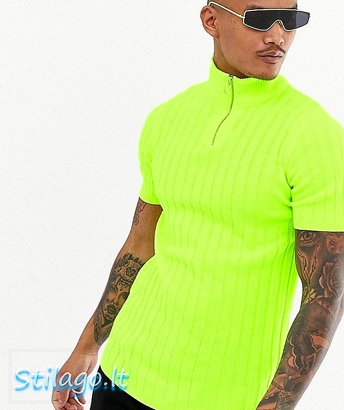 Asos DESIGN pletena rebrasta majica s polovico zip v neon zeleni barvi