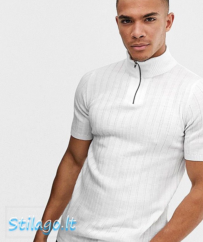 एएसओएस डिजाइन की मांसपेशी फिट सफेद में आधा ज़िप के साथ बुना हुआ टी-शर्ट