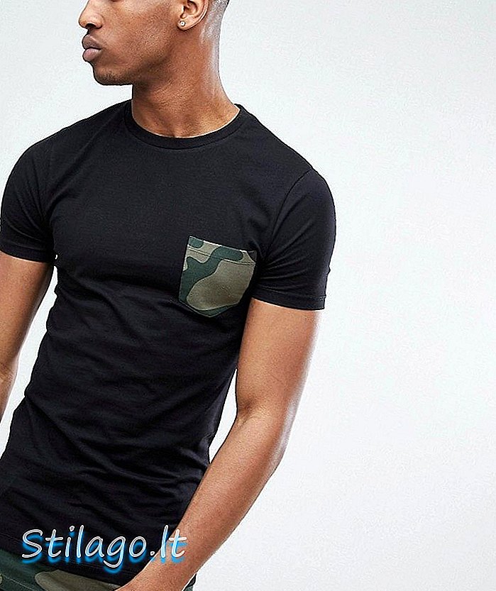 ASOS DESIGN - T-shirt super longline con vestibilità muscolare con prolunga con fondo arrotondato mimetico e tasca stampata nera