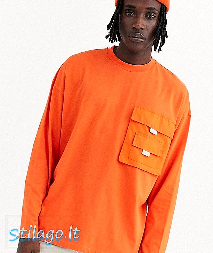 АСОС ДЕСИГН огромна мајица дугих рукава с тканим џепом у наранџастој боји