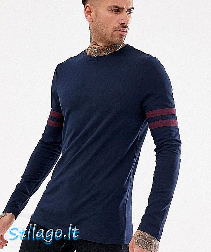 ASOS DESIGN t-shirt lengan panjang kurus organik dengan jalur lengan regangan dan kontras di tentera laut