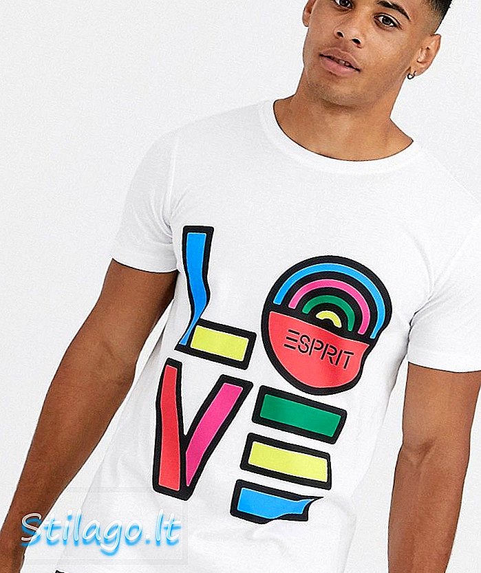 T-shirt Esprit con stampa Love arcobaleno in bianco