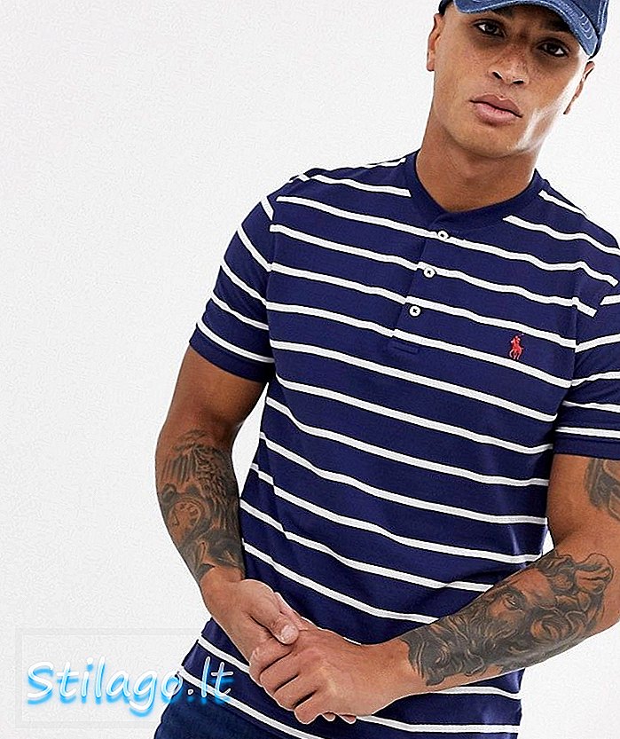 Polo Ralph Lauren spelarlogotyp stripe pique grandad t-shirt i marinblå / vit