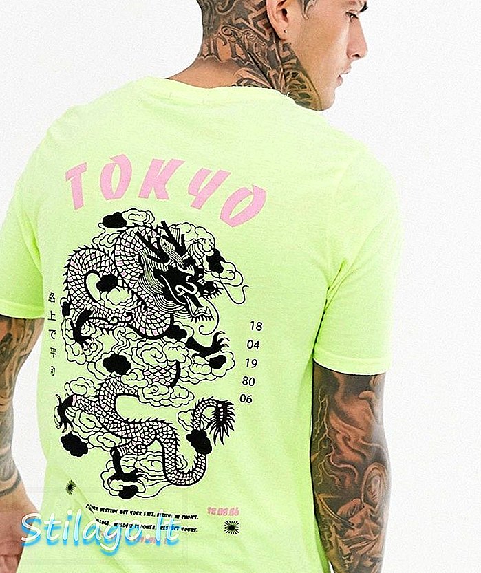 boohooMAN חולצת טריקו עם הדפס אחורי של טוקיו בצהוב ניאון