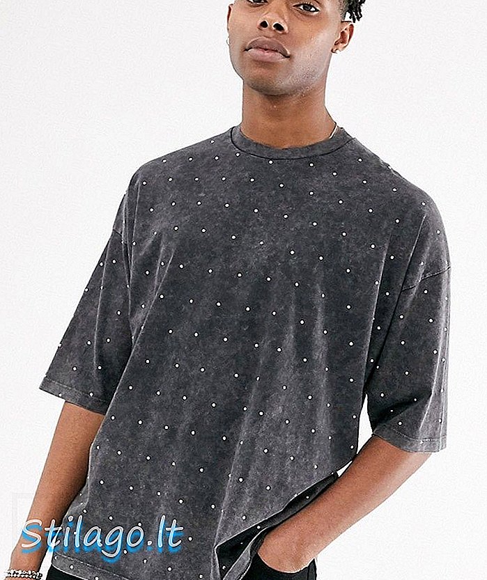 Camiseta ASOS DESIGN de ​​grandes dimensões com meia manga e gemas adornadas em preto lavado-Cinza