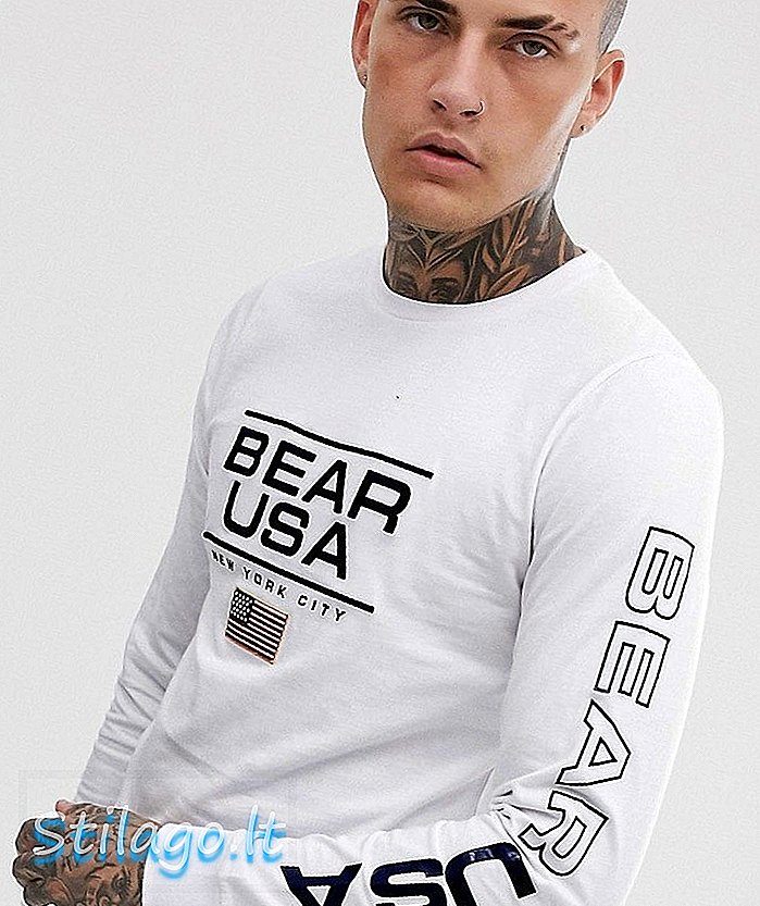 Top manica lunga logo USA Bear-bianco