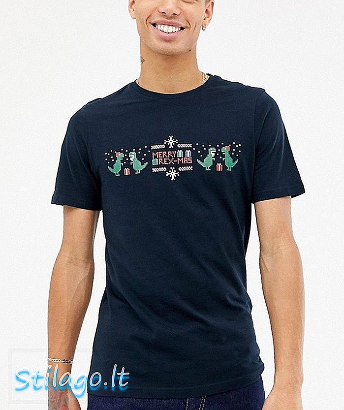 Kalėdiniai marškinėliai „Only & Sons“ su grafikos „Dinozaura“ - „Navy“