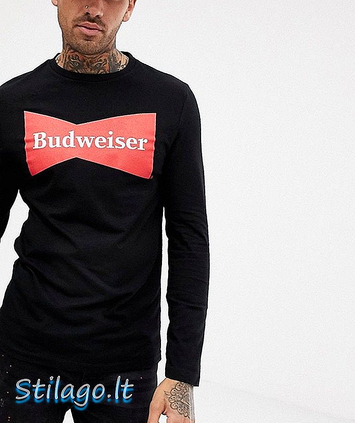 ASOS DESIGN 버드 와이저 머슬 핏 긴 소매 티셔츠-블랙