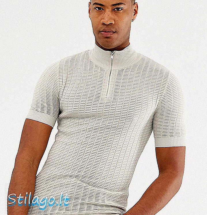 ASOS DESIGN Hoch gestricktes, übergroßes, strukturiertes T-Shirt mit halbem Reißverschluss in cremefarbenem Weiß