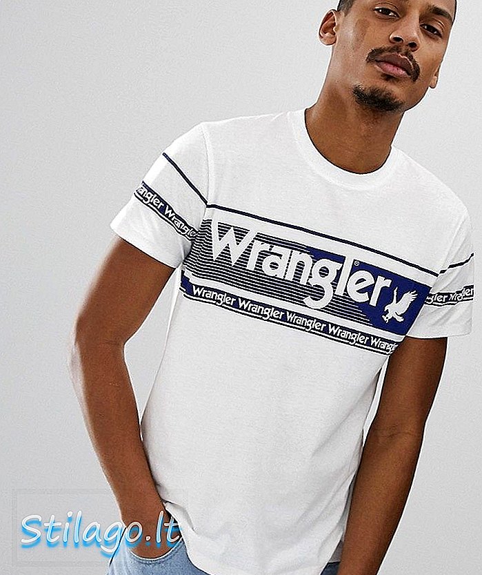 Wrangler T-Shirt mit großem Logo und Bruststreifen und Rundhalsausschnitt in Offwhite / Blau