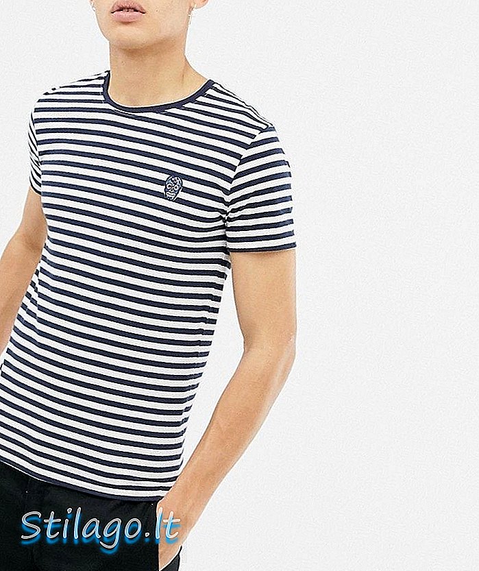 Camiseta sólida con rayas azul marino con calavera bordada