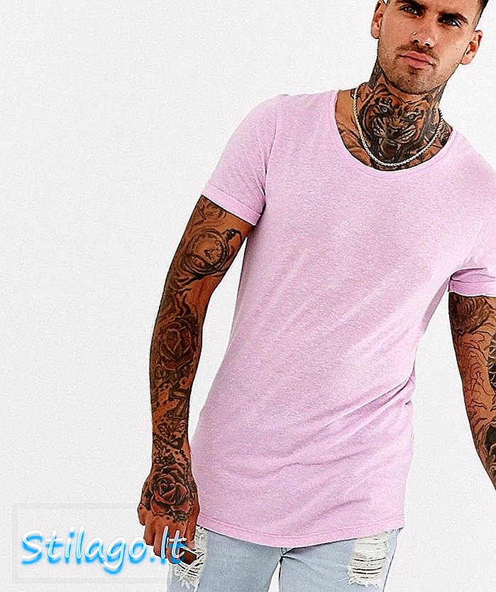 T-shirt ASOS DESIGN dengan leher scoop dan hem melengkung dalam linen bercampur ungu-Ungu