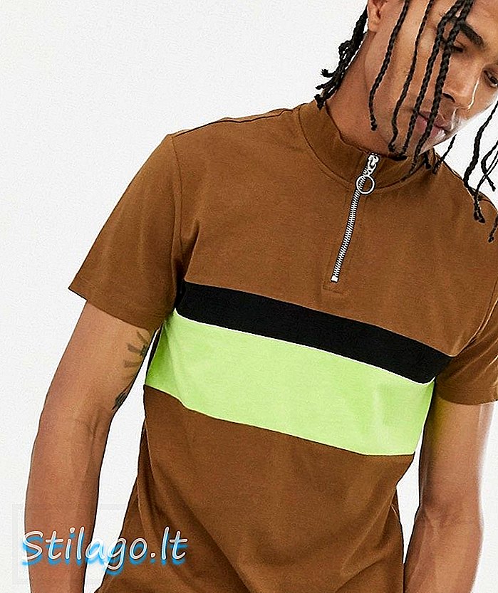 T-shirt ASOS DESIGN dengan leher zip penyu dan panel neon kontras berwarna kuning air