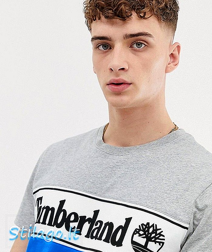 T-shirt leher kru Timberland dengan cetakan di potong dan dijahit kelabu