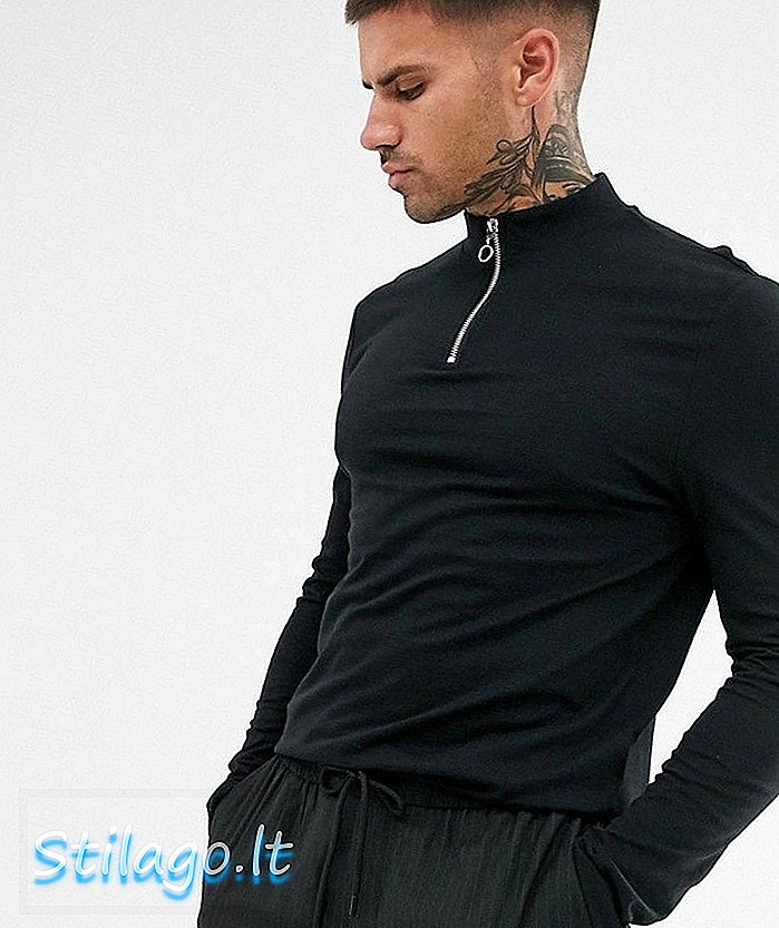 T-shirt lengan panjang organik ASOS DESIGN dengan leher penyu zip berwarna hitam