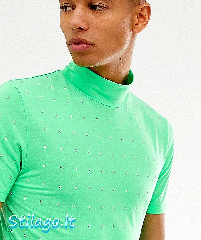 Camiseta muscular de ASOS DESIGN con elástico con cuello de tortuga y gemas adornadas-Verde