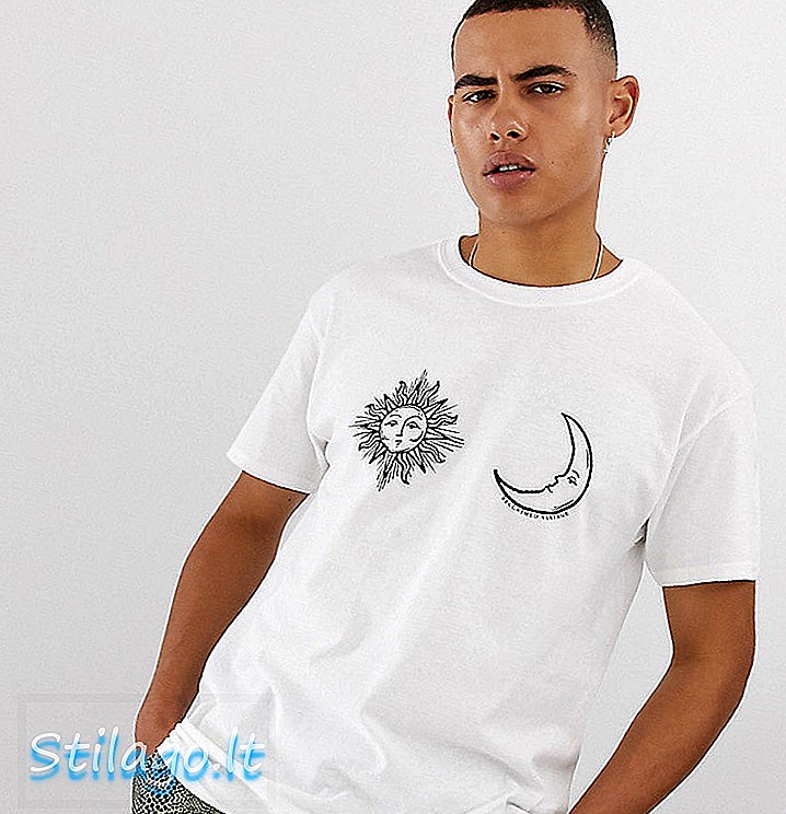 T-shirt Vintage yang direka semula dengan cetakan matahari dan bulan berwarna putih