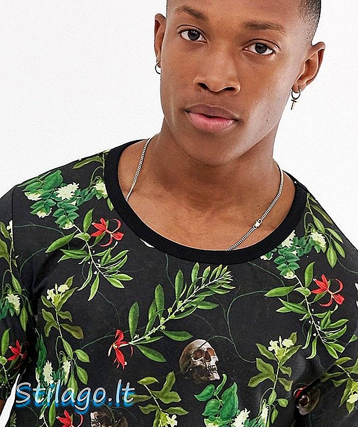 ASOS DESIGN t-shirt med blomstret kranietryk og scoop hals-sort