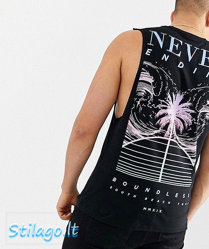 ASOS DESIGN T-shirt tanpa lengan kapas organik dengan cetakan belakang pokok palma dan angka roman-Hitam