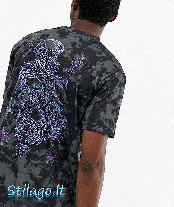 ASOS डिजाइन ने टाई डाई प्रभाव और बैक ड्रैगन प्रिंट-ब्लैक के साथ टी-शर्ट को आराम दिया