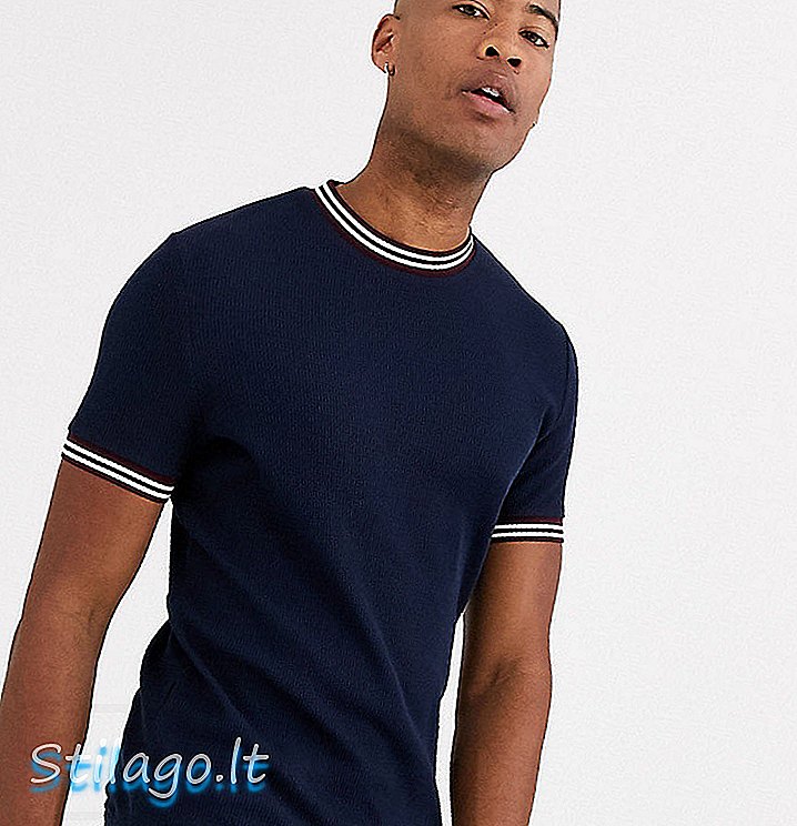 ASOS DESIGN Lang t-skjorte i vaffel med kontrasttipp i marineblå-svart