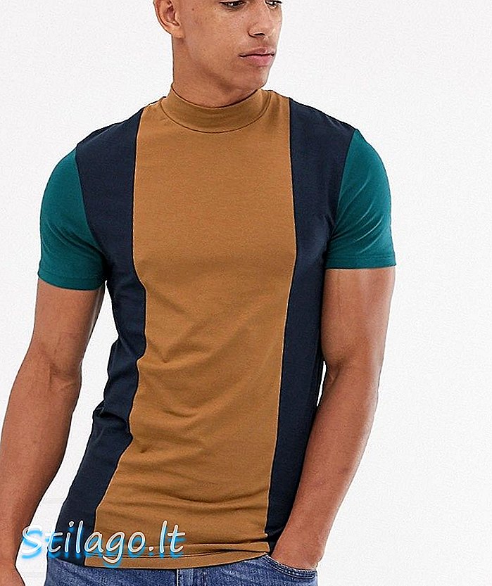 ASOS DESIGN chudé tričko s korytnačkou na krku vo vertikálnom farebnom bloku - Multi