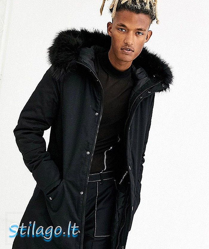 Mantel jaket fishtail 6 Jun berwarna hitam dengan tudung bulu palsu