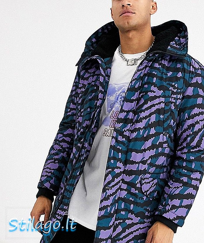Parka jaka ar kapuci ASOS DESIGN purpursarkanā tīģera apdrukā