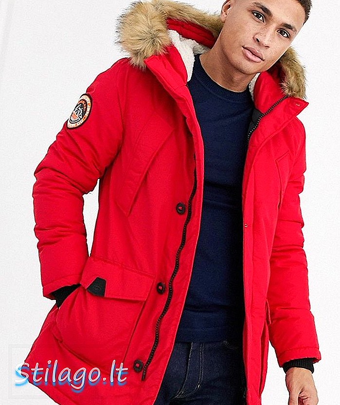 Jaket jaket bertudung Superdry Everest dengan hiasan bulu palsu berwarna merah
