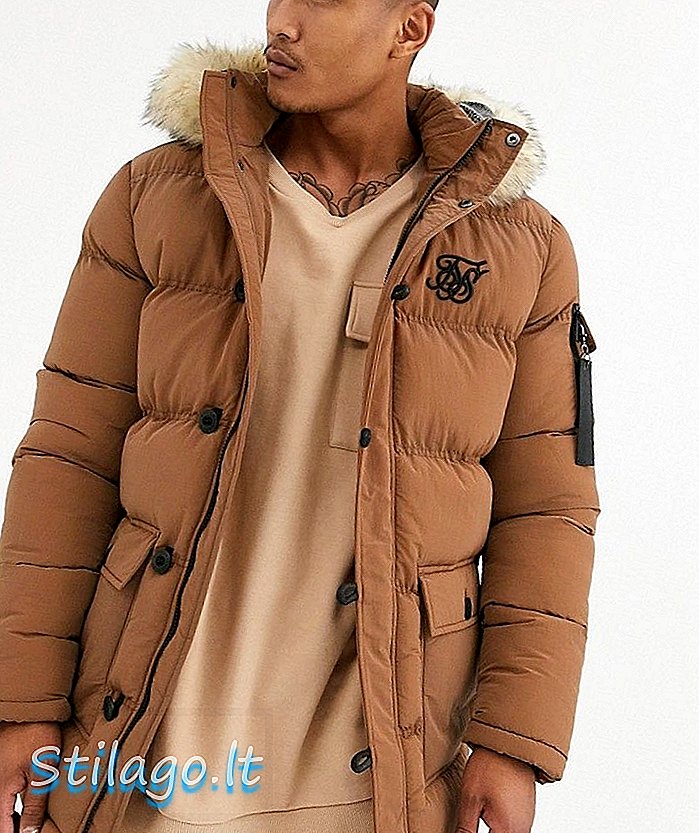 SikSilk puffer parka jakke med fuskepelshette i rustbrun
