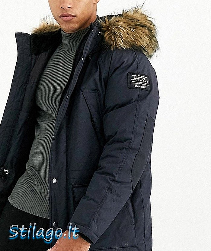 Schott Artica X jaket parka nilon berkerudung slim fit faux fur trim di angkatan laut
