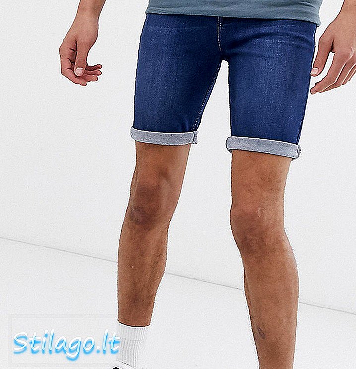 ASOS DESIGN Tall spray alti su shorts in denim con power stretch a metà lavaggio-blu