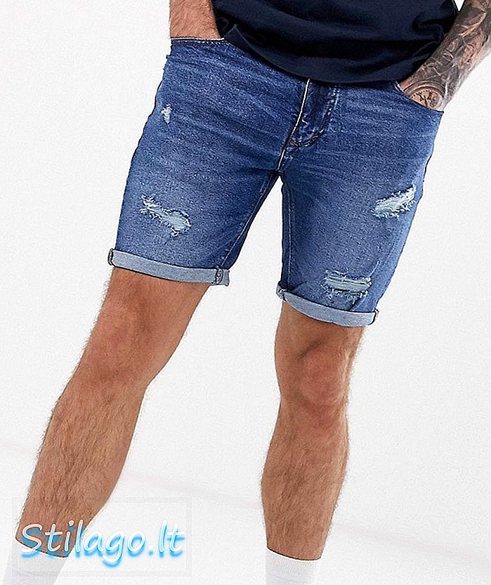 Pull & Bear smala denimshorts i indigo med rips-Blue