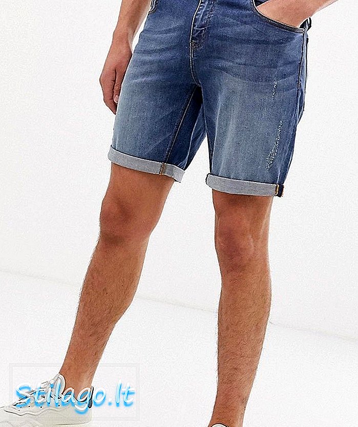 Pantalones cortos de mezclilla de ASOS DESIGN en lavado medio delgado con abrasiones-Azul