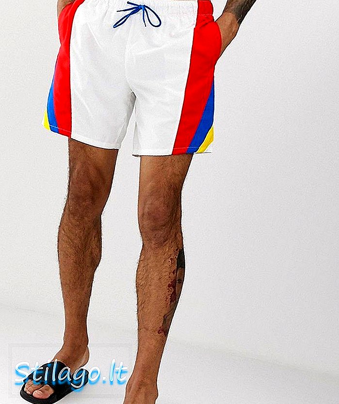 ASOS DESIGN מכנסי שחייה עם פסים בצבע רטרו בצבע לבן באורך אמצע