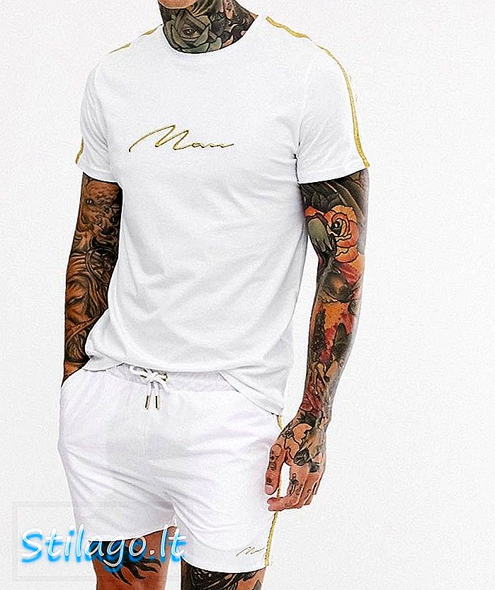 boohooMAN t-krekls un peldkostīmu komplekts ar lentu baltā un zelta krāsā
