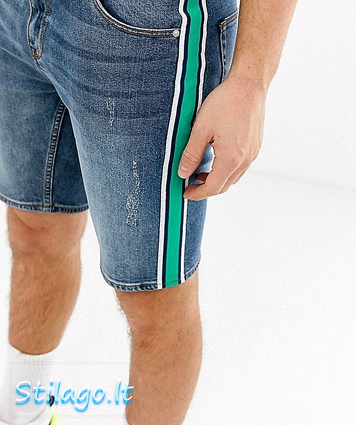 ASOS DESIGN Skinny Denim Shorts in Mid Wash Blue mit sportlichem Seitenstreifen