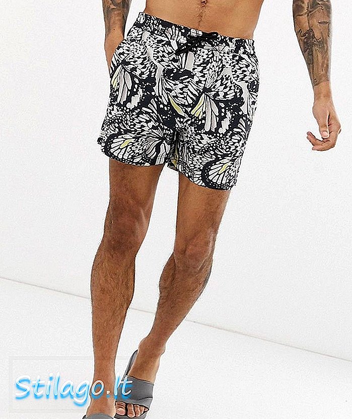 boohooMAN swimshort di kupu-kupu cetak-Hitam