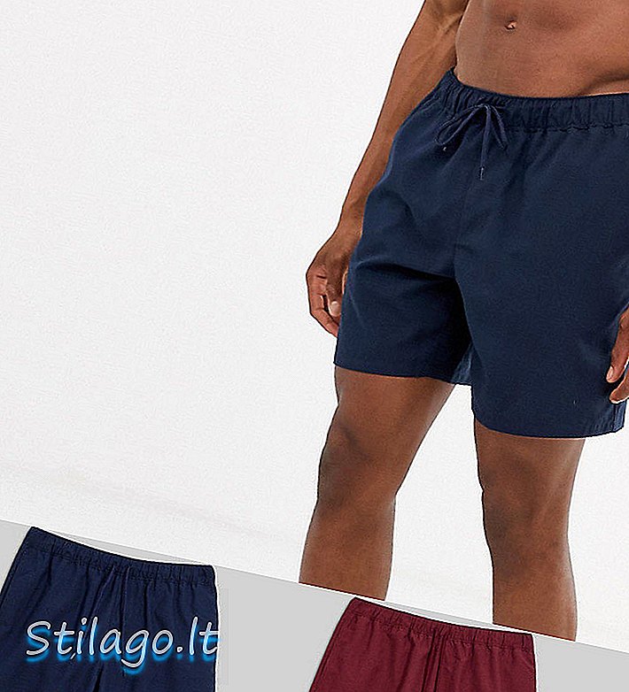 ASOS DESIGN กางเกงว่ายน้ำขาสั้นเบอร์กันดีและสีน้ำเงินความยาวกลางอัด 2 แพ็ค