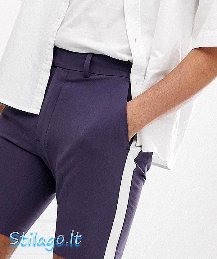 ASOS DESIGN กางเกงขาสั้นสมาร์ทผอมสีฟ้าชนวนพร้อมแถบสีเทาน้ำแข็ง - กรมท่า