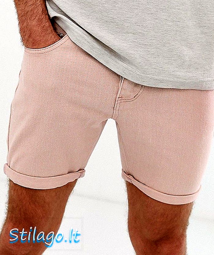 pantalones cortos de mezclilla slim boohooMAN en rosa polvoriento